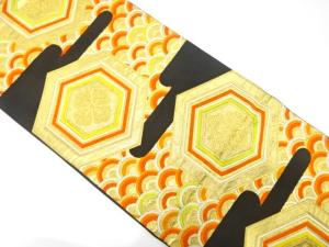 アンティーク　花亀甲に青海波模様織り出し袋帯（着用可）